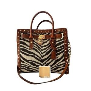 Michael Kors Authentic Hamilton Pick Stitch Tiger Studded Large Canvas Tote
